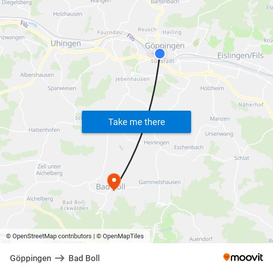 Göppingen to Bad Boll map