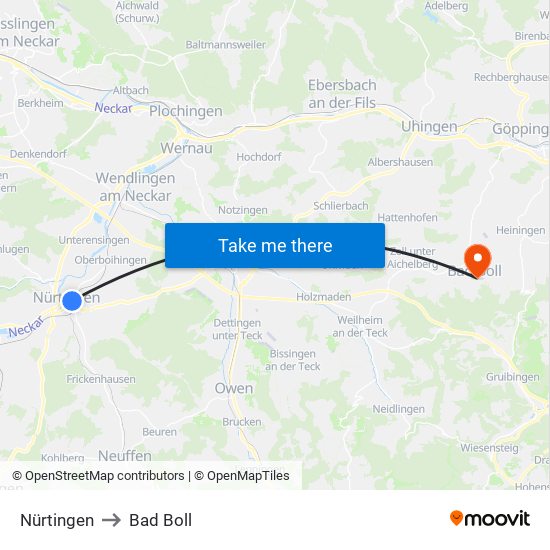 Nürtingen to Bad Boll map