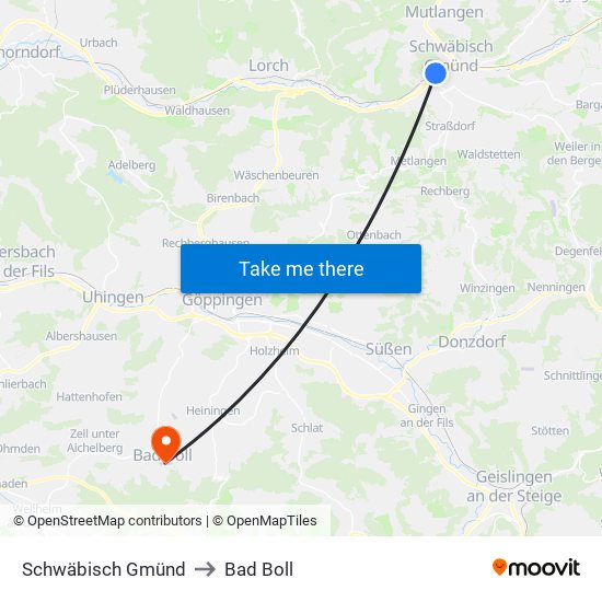 Schwäbisch Gmünd to Bad Boll map