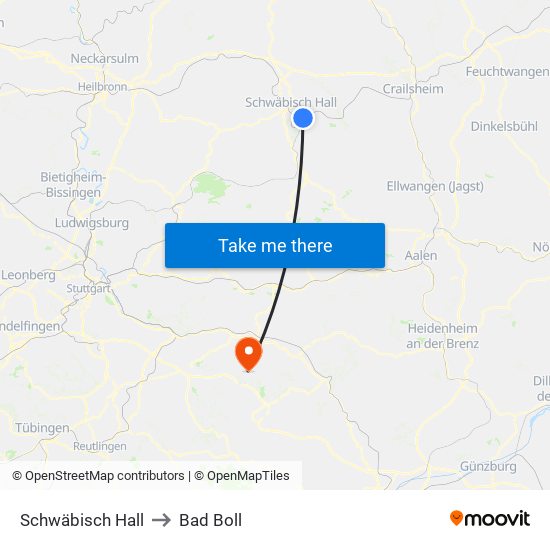 Schwäbisch Hall to Bad Boll map