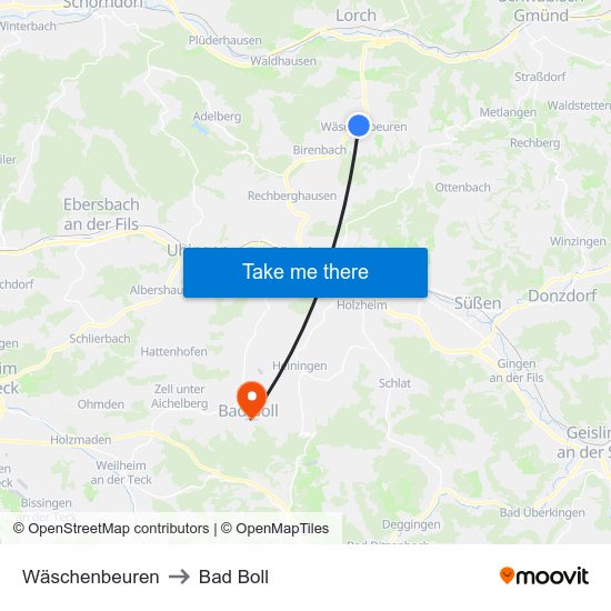 Wäschenbeuren to Bad Boll map