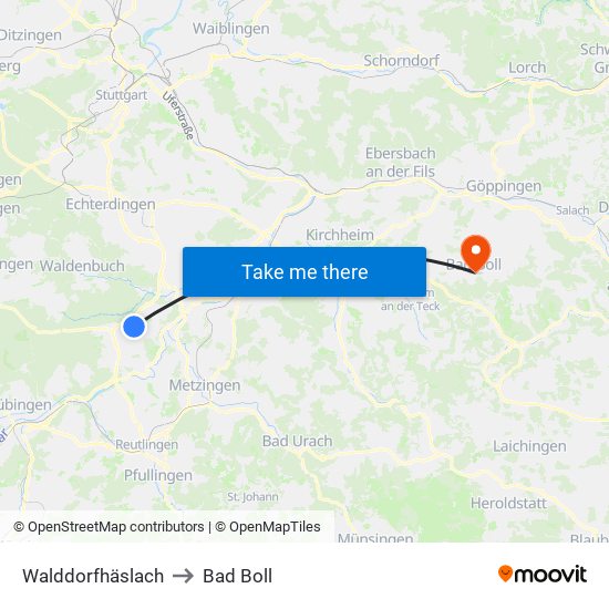 Walddorfhäslach to Bad Boll map