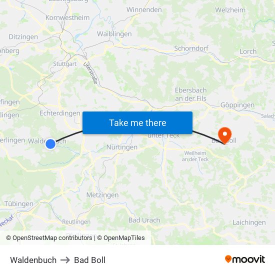 Waldenbuch to Bad Boll map