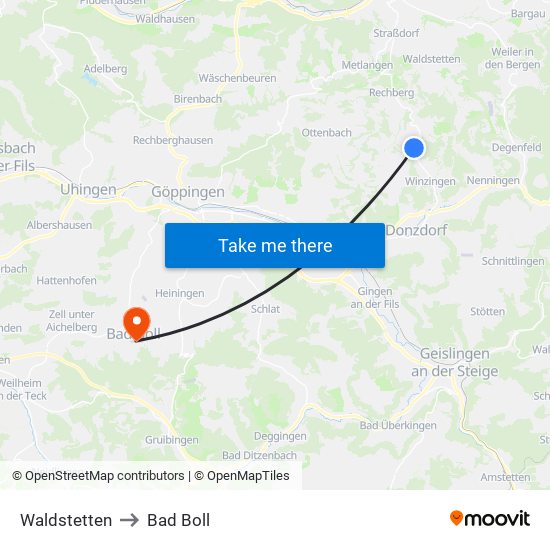 Waldstetten to Bad Boll map