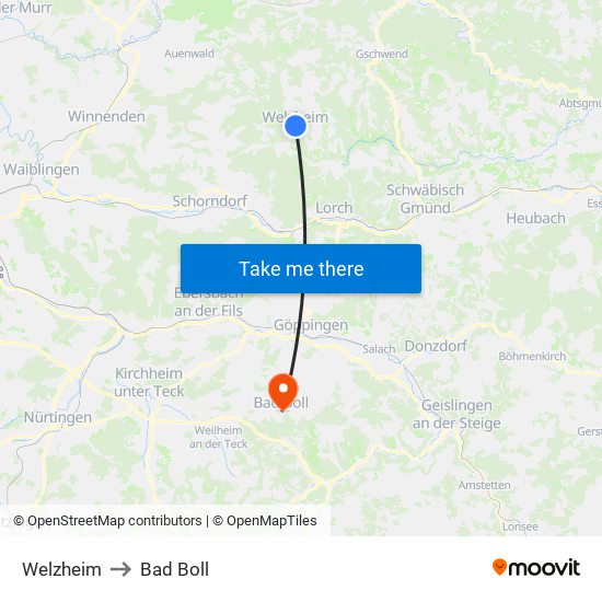 Welzheim to Bad Boll map