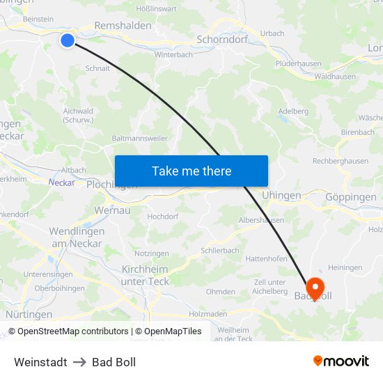 Weinstadt to Bad Boll map