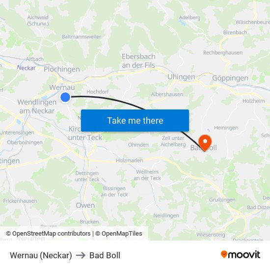 Wernau (Neckar) to Bad Boll map