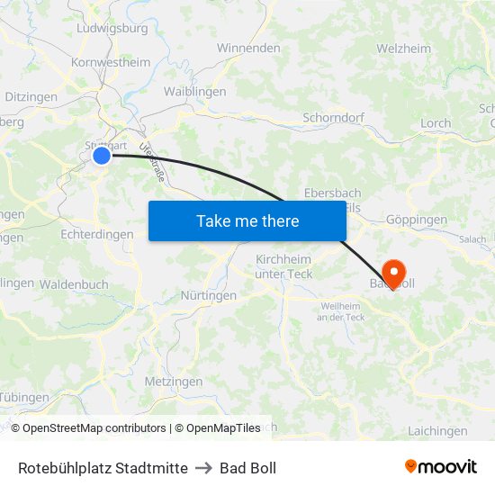 Rotebühlplatz Stadtmitte to Bad Boll map