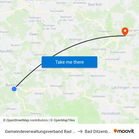 Gemeindeverwaltungsverband Bad Urach to Bad Ditzenbach map