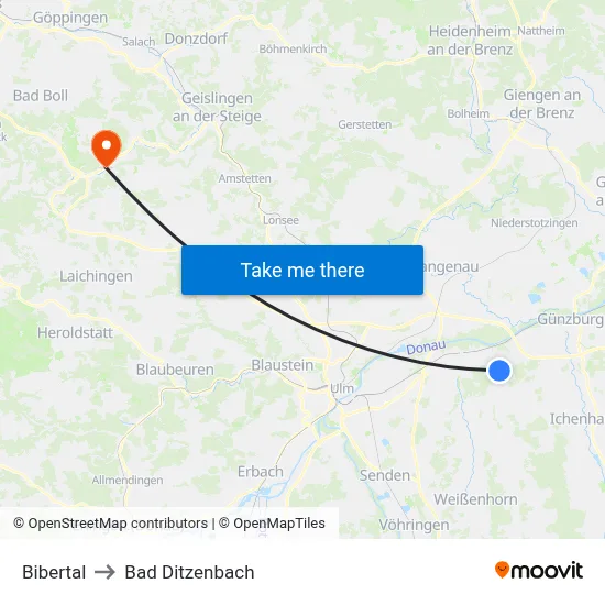 Bibertal to Bad Ditzenbach map