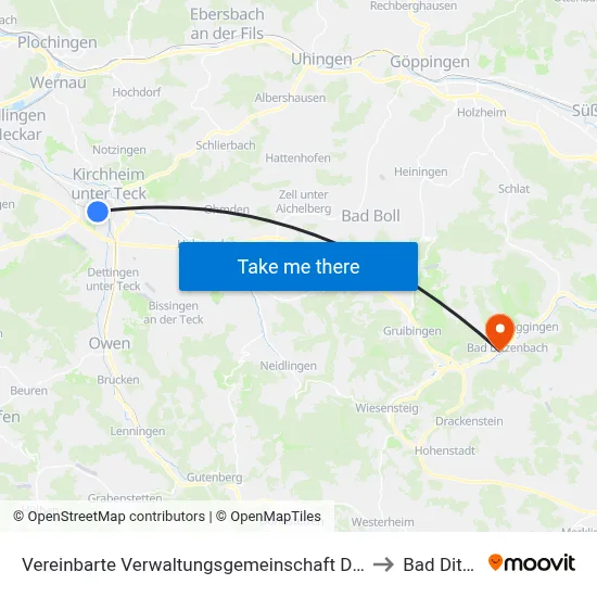 Vereinbarte Verwaltungsgemeinschaft Der Stadt Kirchheim Unter Teck to Bad Ditzenbach map