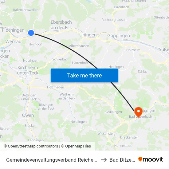 Gemeindeverwaltungsverband Reichenbach An Der Fils to Bad Ditzenbach map
