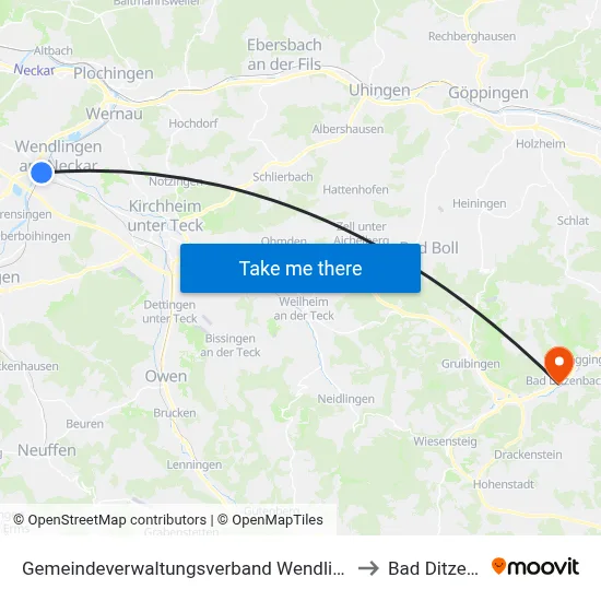 Gemeindeverwaltungsverband Wendlingen am Neckar to Bad Ditzenbach map