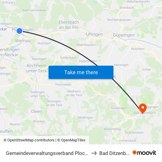 Gemeindeverwaltungsverband Plochingen to Bad Ditzenbach map