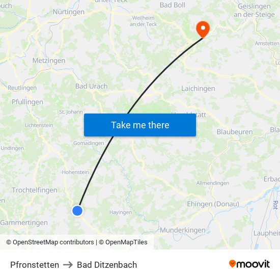 Pfronstetten to Bad Ditzenbach map