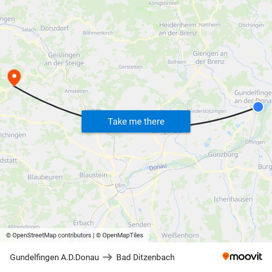 Gundelfingen A.D.Donau to Bad Ditzenbach map