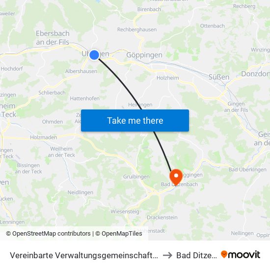 Vereinbarte Verwaltungsgemeinschaft Der Stadt Uhingen to Bad Ditzenbach map