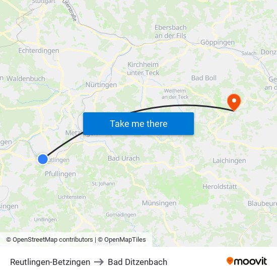 Reutlingen-Betzingen to Bad Ditzenbach map