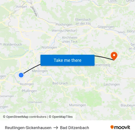Reutlingen-Sickenhausen to Bad Ditzenbach map