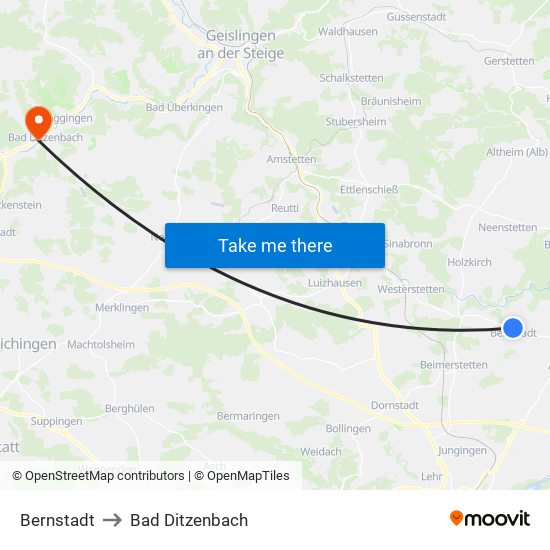Bernstadt to Bad Ditzenbach map