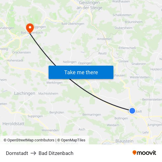 Dornstadt to Bad Ditzenbach map