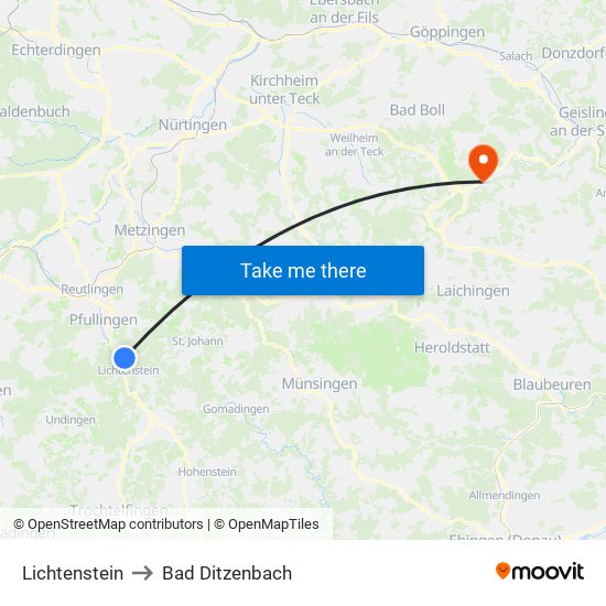 Lichtenstein to Bad Ditzenbach map