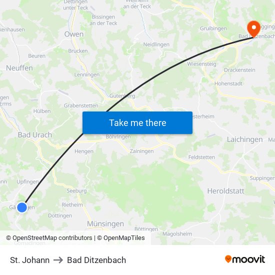 St. Johann to Bad Ditzenbach map
