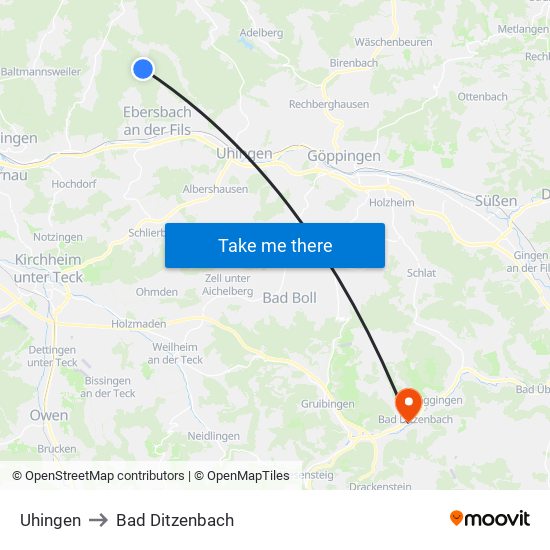 Uhingen to Bad Ditzenbach map