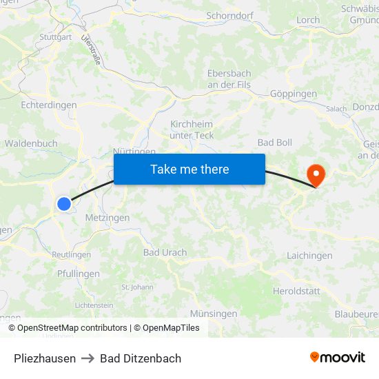 Pliezhausen to Bad Ditzenbach map