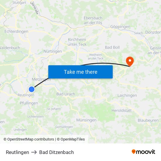Reutlingen to Bad Ditzenbach map