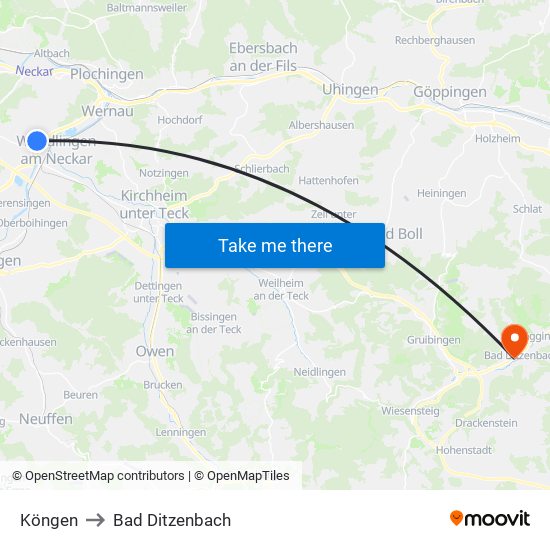 Köngen to Bad Ditzenbach map