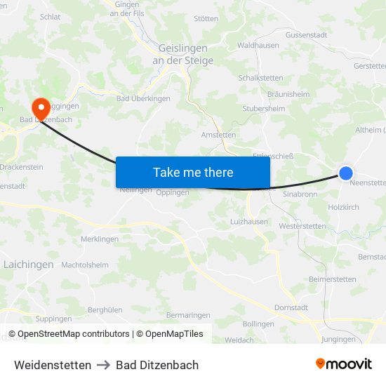 Weidenstetten to Bad Ditzenbach map
