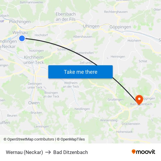Wernau (Neckar) to Bad Ditzenbach map