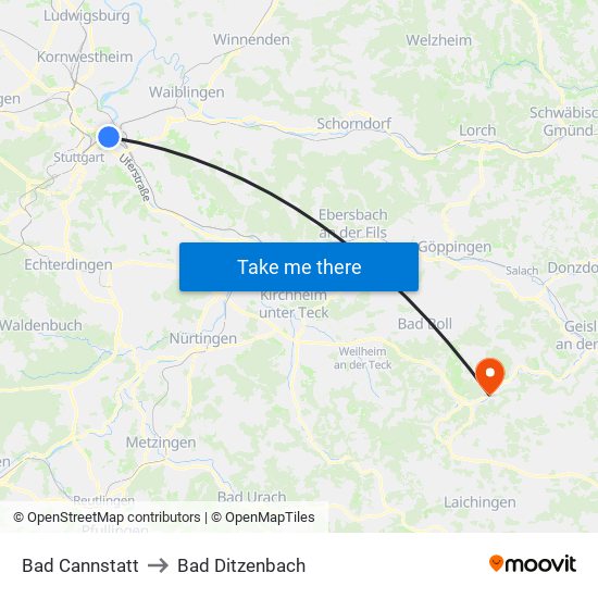 Bad Cannstatt to Bad Ditzenbach map