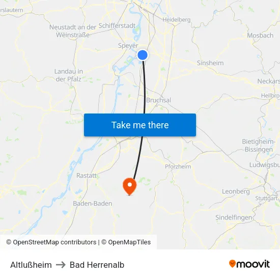 Altlußheim to Bad Herrenalb map