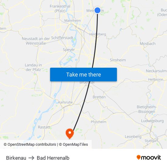 Birkenau to Bad Herrenalb map