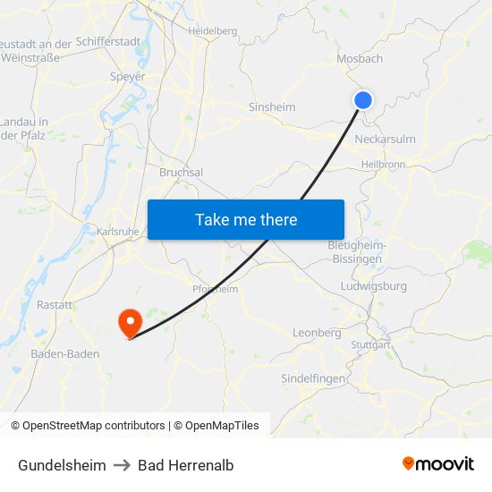 Gundelsheim to Bad Herrenalb map