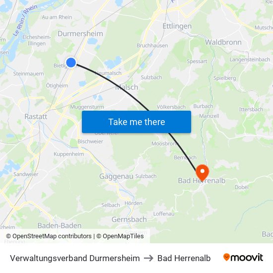 Verwaltungsverband Durmersheim to Bad Herrenalb map