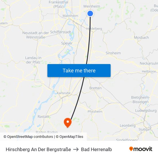 Hirschberg An Der Bergstraße to Bad Herrenalb map