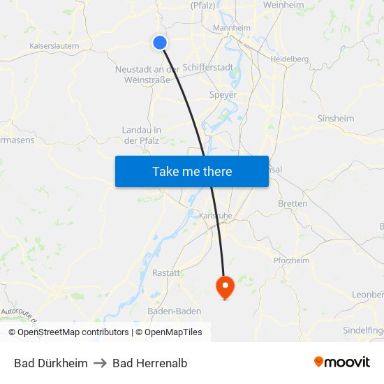 Bad Dürkheim to Bad Herrenalb map