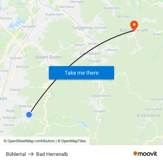 Bühlertal to Bad Herrenalb map