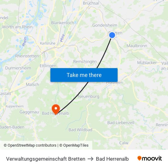 Verwaltungsgemeinschaft Bretten to Bad Herrenalb map