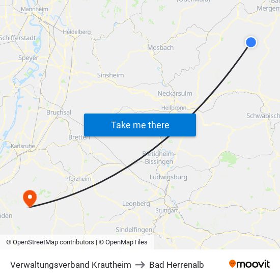 Verwaltungsverband Krautheim to Bad Herrenalb map