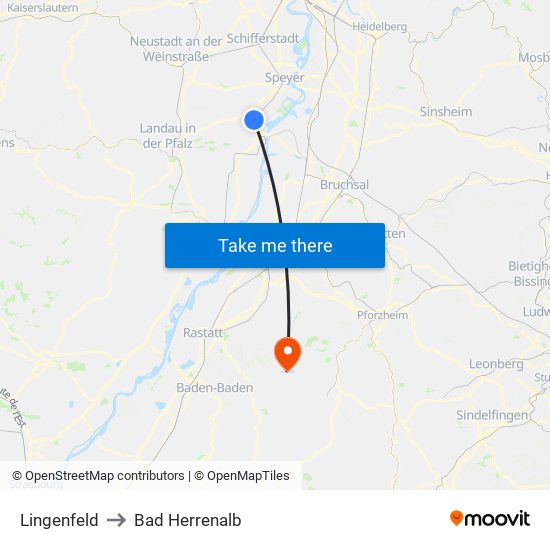 Lingenfeld to Bad Herrenalb map