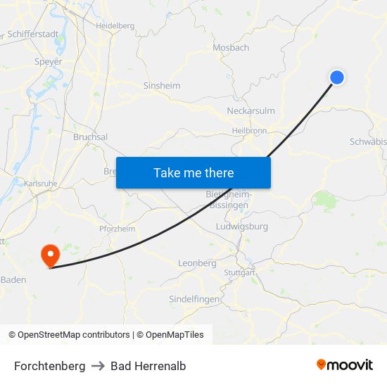 Forchtenberg to Bad Herrenalb map