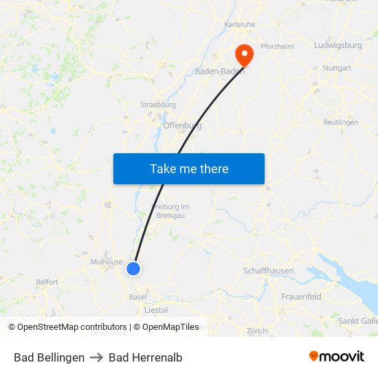 Bad Bellingen to Bad Herrenalb map