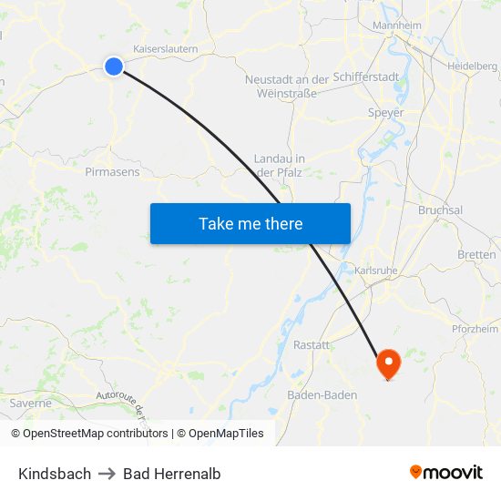 Kindsbach to Bad Herrenalb map