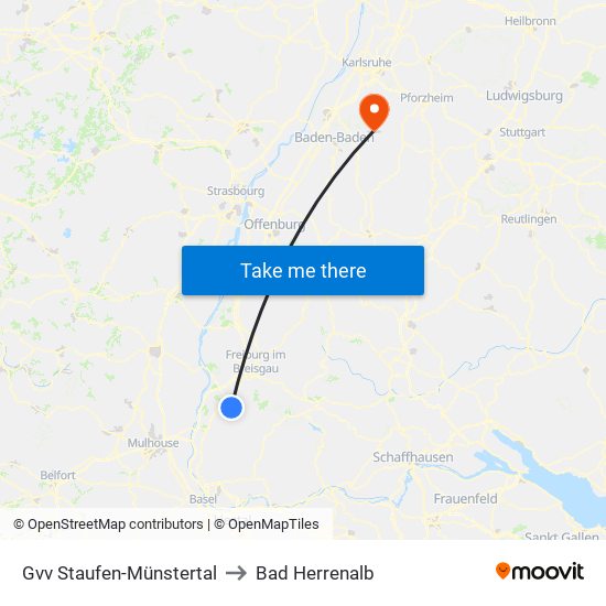 Gvv Staufen-Münstertal to Bad Herrenalb map