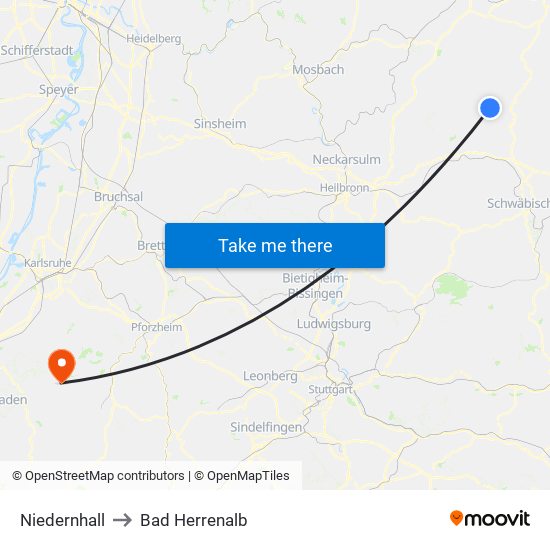 Niedernhall to Bad Herrenalb map