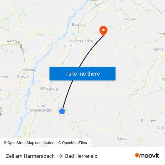 Zell am Harmersbach to Bad Herrenalb map